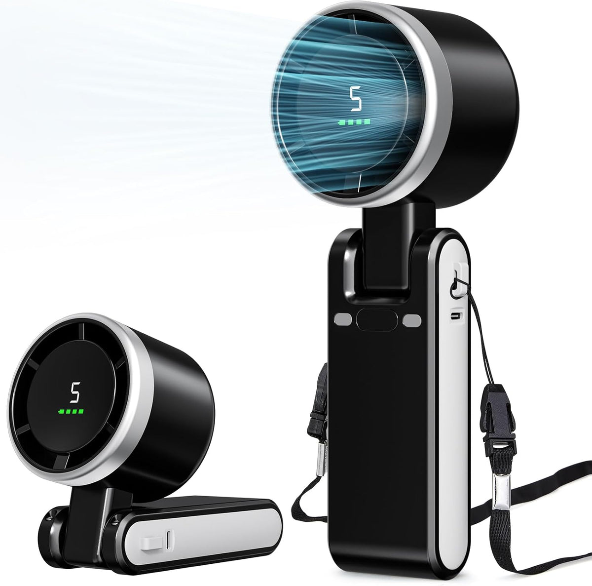 Portable Fan, Mini Fan, Handheld Turbo Fan, Portable Rechargeable Fan, 5-Speed, LED Display, Foldable Design (Black)